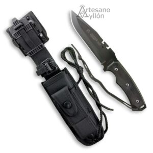 Cuchillo Aitor One Negro junto a su funda táctica de alta resistencia