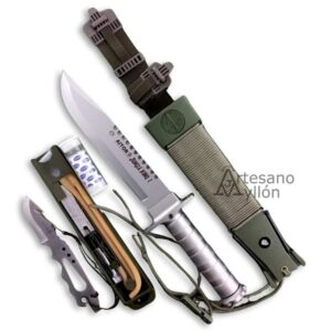 Cuchillo Aitor Jungle King I con kit de supervivencia y accesorios desplegados