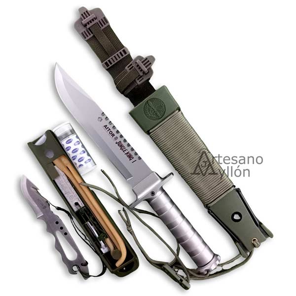 Cuchillo Aitor Jungle King I con kit de supervivencia y accesorios desplegados