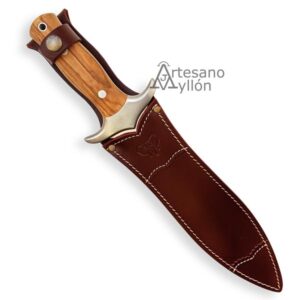 Cuchillo Cudeman Rehalero 104-L con mango de olivo natural y funda de cuero marrón
