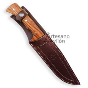 Cuchillo Mudela Gamo 1016 dentro de su funda de cuero marrón con costuras visibles y cierre de broche, mostrando parte del mango de madera de olivo.