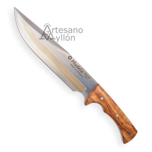 Cuchillo Mudela Gamo 1016 con hoja de acero inoxidable 420MoVa y mango de madera de olivo pulido, visto de perfil completo sobre fondo blanco.