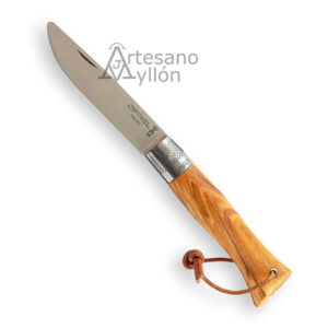 Navaja Opinel Néo6 Opiflex abierta, con hoja de acero inoxidable y mango de madera de olivo.