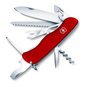 Navaja suiza Victorinox Outrider de color rojo con múltiples herramientas desplegadas, incluyendo hoja grande, tijeras, sierra para madera, sacacorchos, punzón, destornilladores y abrebotellas.