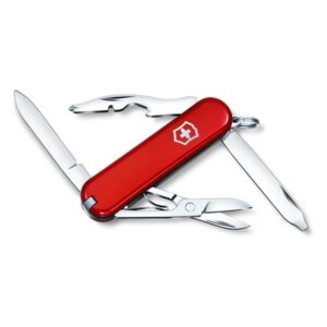 Navaja suiza Victorinox Rambler de color rojo con varias herramientas desplegadas, incluyendo cuchilla, tijeras, lima, destornillador, y abrebotellas.Navaja suiza Victorinox Rambler de color rojo con varias herramientas desplegadas, incluyendo cuchilla, tijeras, lima, destornillador, y abrebotellas.