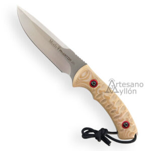 Cuchillo Muela Phantom 12D/K con hoja táctica de acero inoxidable MOVA y mango de micarta color desert con tornillos anodizados rojos, sobre fondo blanco.
