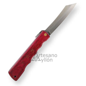 Navaja japonesa Nagao Higonokami abierta con hoja en acero inoxidable VG10 y mango de madera rojiza, estilo tradicional.