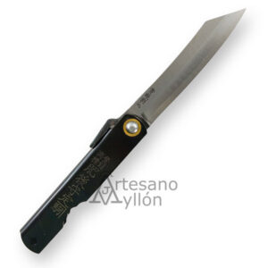 Navaja japonesa Nagao Higonokami 76117 abierta, con hoja de acero Ao-Gami y mango de acero negro grabado con caracteres japoneses.