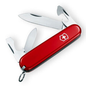 Navaja Victorinox Recruit 0.2503 de 84 mm, con mango rojo de ABS/Cellidor y herramientas desplegadas: hoja grande, hoja pequeña, abrelatas, abrebotellas y destornillador.