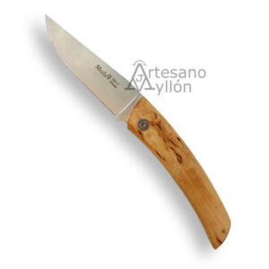 Navaja Muela NP-8B abierta con hoja de acero inoxidable 440 y mango de madera de abedul clara con vetas naturales y separadores rojos.