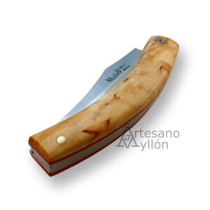 Navaja Muela P-8LB cerrada con mango de abedul y separadores rojos.