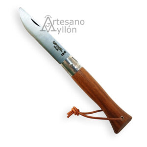 Navaja Opinel NEO6 Opiflex abierta con hoja de acero inoxidable martensítico de punta redondeada y mango de madera de nogal negro con cordón de cuero