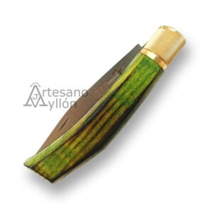 Navaja Pires Agricultor de 8 cm cerrada, con mango de madera de fresno teñida en verde y virola de latón, mostrando la hoja parcialmente visible.