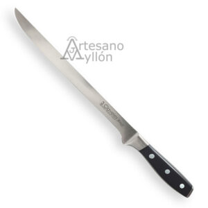 Cuchillo jamonero 3 Claveles Toledo 01538 con hoja larga, estrecha y flexible de acero inoxidable pulido mate de 25 cm y mango negro ergonómico de POM con tres remaches metálicos, presentado sobre fondo blanco.