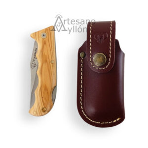 Navaja Cudeman Texana 333-LF con hoja Molibdeno Vanadio de 8 cm, mango de olivo natural, bloqueo trasero y funda de cuero marrón incluida.