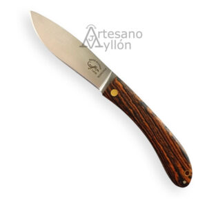 Navaja Salamandra Ramona 320051 Bocote abierta sobre fondo claro, con hoja satinada de acero ACX 380 de 75 mm y mango curvado de madera de bocote con vetas marrón oscuro y negro, remache dorado y orificio para rabiza en la base.
