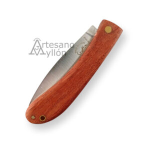 Navaja Salamandra Ramona modelo 320241 Bubinga cerrada, mostrando mango completo de madera rojiza con veta natural, remache dorado decorativo y orificio para cordón en la base, con la hoja satinada parcialmente visible en el interior.