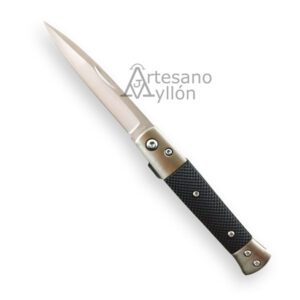 Navaja Third Estilete N118B abierta con hoja de acero 420 satinada de 75 mm y mango negro de aluminio con virolas de acero, vista frontal sobre fondo blanco.