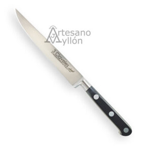 Cuchillo chuletero 3 Claveles Forgé 01556 con hoja recta de acero inoxidable semi-mate de 12 cm y mango negro ergonómico de POM con tres remaches metálicos sobre fondo claro.