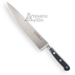 Cuchillo de chef 3 Claveles Forgé 01563 con hoja ancha de acero inoxidable semi-mate de 20 cm y mango negro ergonómico de POM con tres remaches metálicos sobre fondo blanco.