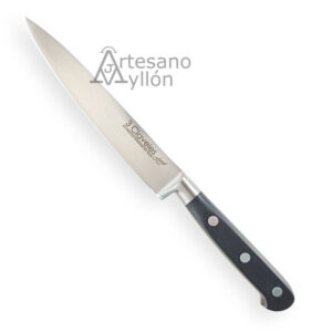 Cuchillo fileteador 3 Claveles Forgé 01561 con hoja larga, estrecha y flexible de acero inoxidable semi-mate de 15 cm y mango negro ergonómico de POM con tres remaches metálicos sobre fondo claro.