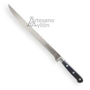 Cuchillo jamonero 3 Claveles Forgé 01566 con hoja larga, estrecha y flexible de acero inoxidable semi-mate de 25 cm y mango negro ergonómico de POM con tres remaches metálicos sobre fondo blanco.