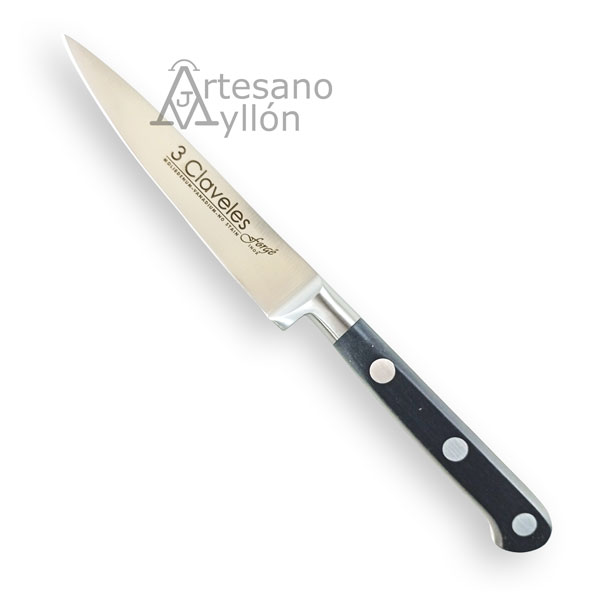 Cuchillo puntilla 3 Claveles Forgé 01560 con hoja corta de acero inoxidable semi-mate de 10 cm y mango negro ergonómico de POM con tres remaches metálicos sobre fondo claro.