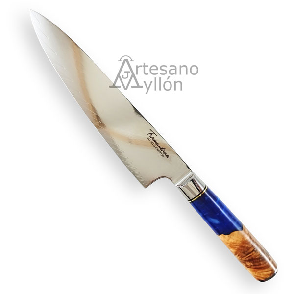 Cuchillo Tramuntana Chef CD02 con hoja de acero damasco VG10 de 67 capas, hoja amplia tipo chef y mango de madera estabilizada con resina azul