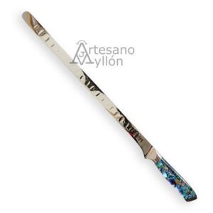 Cuchillo Tramuntana jamonero CD15 con hoja larga y estrecha de acero inoxidable, acabado pulido con alveolos y mango decorado con abulón y resina epoxi.