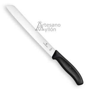 Cuchillo para pan Victorinox Swiss Classic 6.8633.21 con hoja larga dentada de acero inoxidable de 21 cm y mango negro ergonómico antideslizante sobre fondo claro.