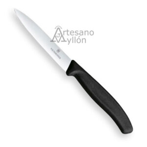 Cuchillo mondador Victorinox Swiss Classic 6.7403 con hoja corta de acero inoxidable de 8 cm y mango ergonómico negro de polipropileno sobre fondo claro.