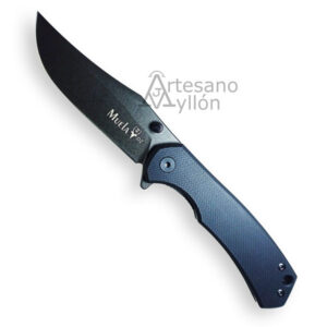 Navaja Muela Víbora-10G abierta con hoja negra lavado a la piedra de acero D2 y mango negro de G10 con diseño ergonómico sobre fondo claro.