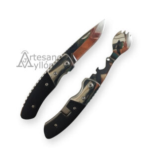 Navaja Third Multiuso F0005N separada en dos piezas mostrando cuchillo de acero 420 y herramienta multifunción tipo cuchara con dientes, con mango de madera de ébano oscuro