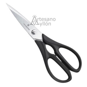 Tijeras de cocina Victorinox Swiss Classic con hojas de acero inoxidable microdentadas y mango ergonómico negro de poliamida sobre fondo claro.