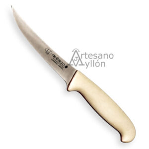 Cuchillo Cudeman Ibérico deshuesador 702-B, con hoja estrecha de acero Molibdeno Vanadio y mango ergonómico de micarta blanca con separador rojo.