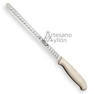 Cuchillo Cudeman Ibérico jamonero 701-B, con hoja alveolada de acero Sandvik 12C27 y mango ergonómico de micarta blanca con separador rojo.
