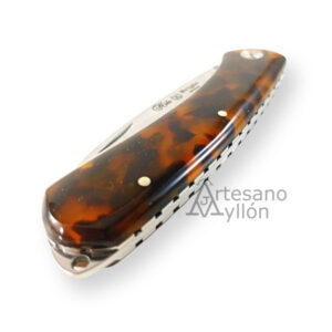 Navaja Miguel Nieto Bright 792-MET-BROWN con hoja MOVA 1.4116 de 8 cm, mango de metacrilato marrón, forros decorados y cierre de pistón.