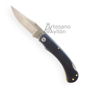 Navaja Miguel Nieto Iberia 649-G10 con hoja MOVA 1.4116 de 8 cm, mango G10 negro, separadores amarillos y bloqueo Back Lock. Fabricada en Albacete.