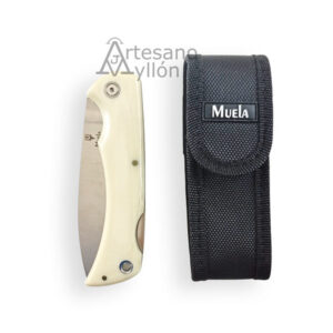 Navaja Muela BX-9W con hoja MOVA 1.4116 de 9,2 cm, mango de micarta blanca, bloqueo Back Lock y funda de cordura negra incluida.