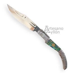 Navaja Tramuntana La Serrana N133V de carraca, hoja de acero 440 de 13 cm, mango de abulón y acrílico transparente, con virolas decoradas.